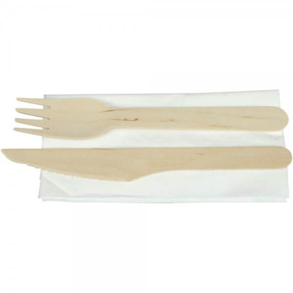 Bestiksæt med kniv, gaffel og serviet - træ - udpakket