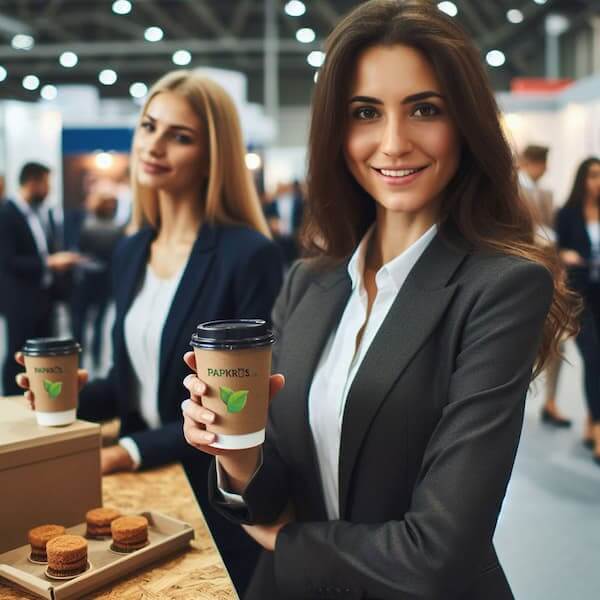 Kvinde på en udstilling med en lækker kop kaffe i hånden